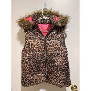 NEW! Juicy Couture Leopard & Hot Pink Puffer Vest Womens S Furry zipoff hood